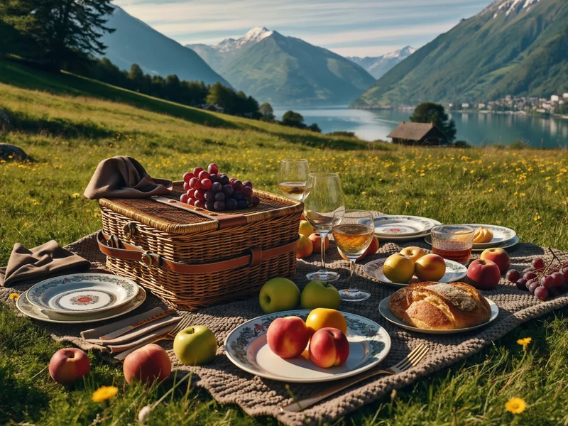 Gedeckter Picknickplatz mit Korb, Tellern und Früchten auf einer Alpwiese am See